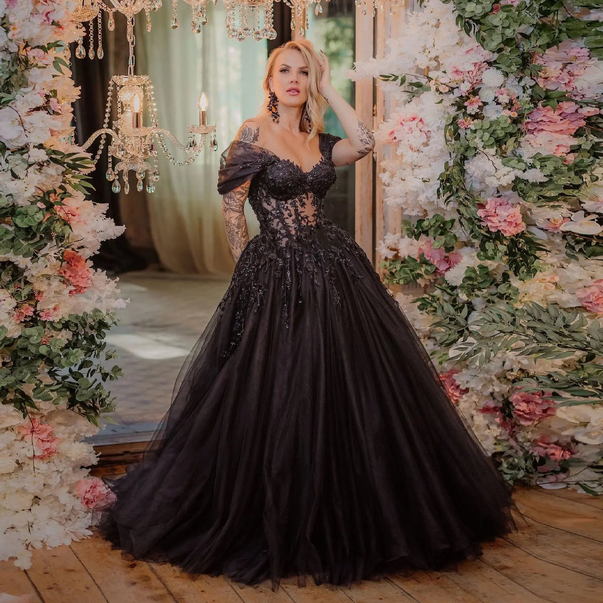 Black Luxury Gothic Wedding Dress Sheer Corset 3D Floral Tulle ZP027