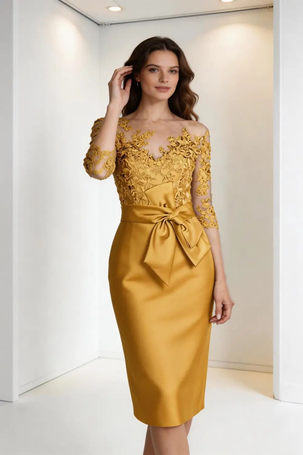 Gold Lace Illusion Neck Satin Sheath Dress, Bow Waist Formal Cocktail Gown by tangjianjun