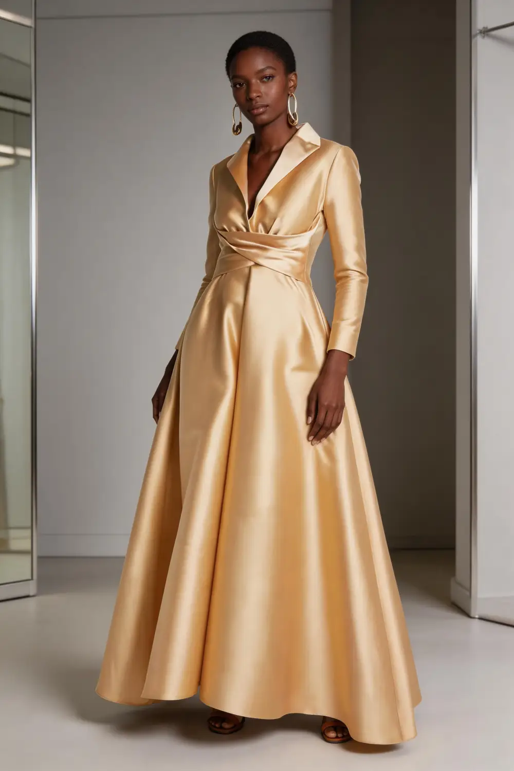 Champagne Satin Lapel Neck Wrap Waist A Line Maxi Formal Evening Gown (ZD17150) - VelvetHem