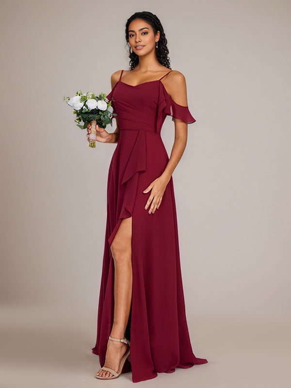 Burgundy A-Line Spaghetti Straps Floor-Length Chiffon Bridesmaid Dress With Ruffle - VelvetHem