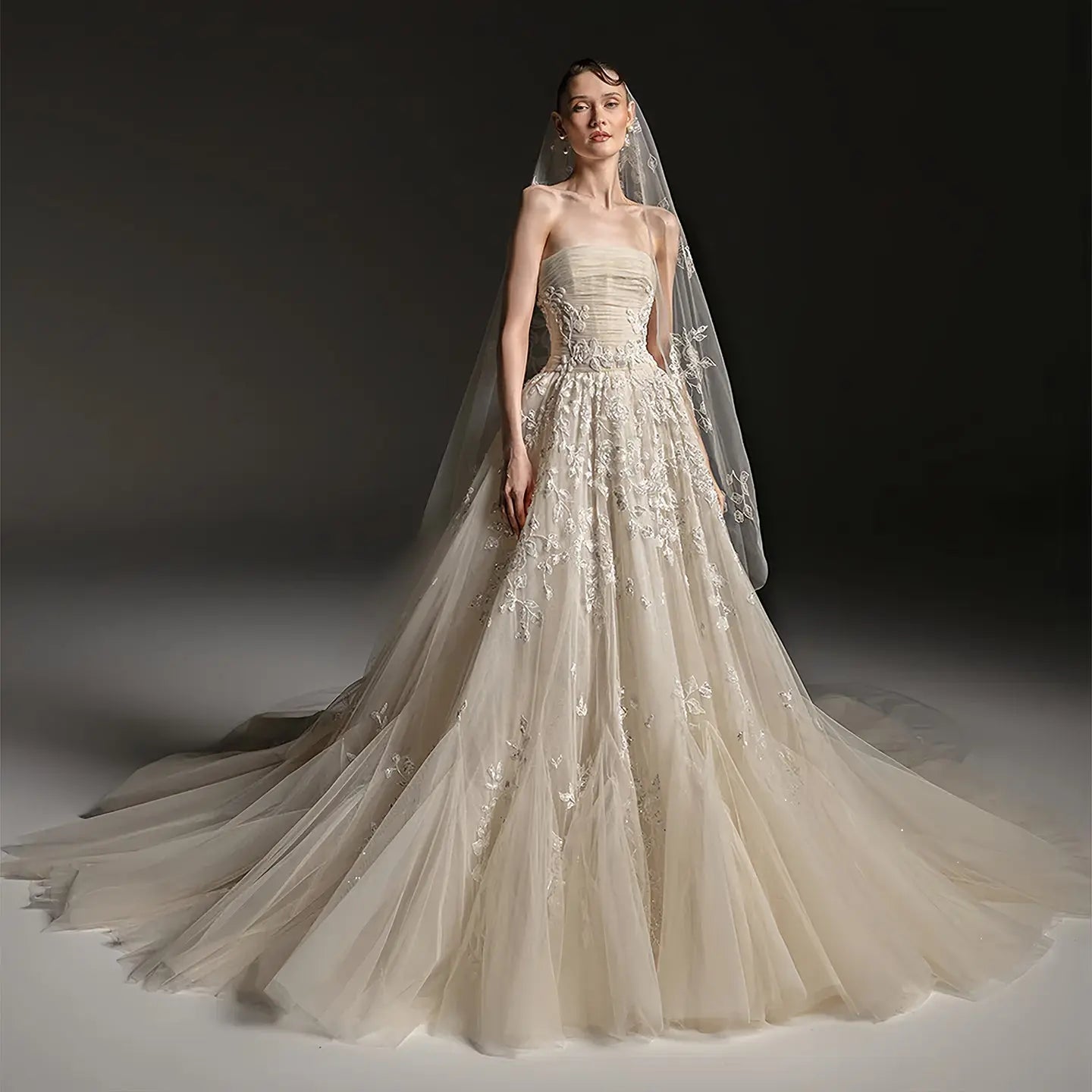 Romantic Champagne Strapless Floral Lace Tulle A-Line Wedding Dress with Veil ZP084