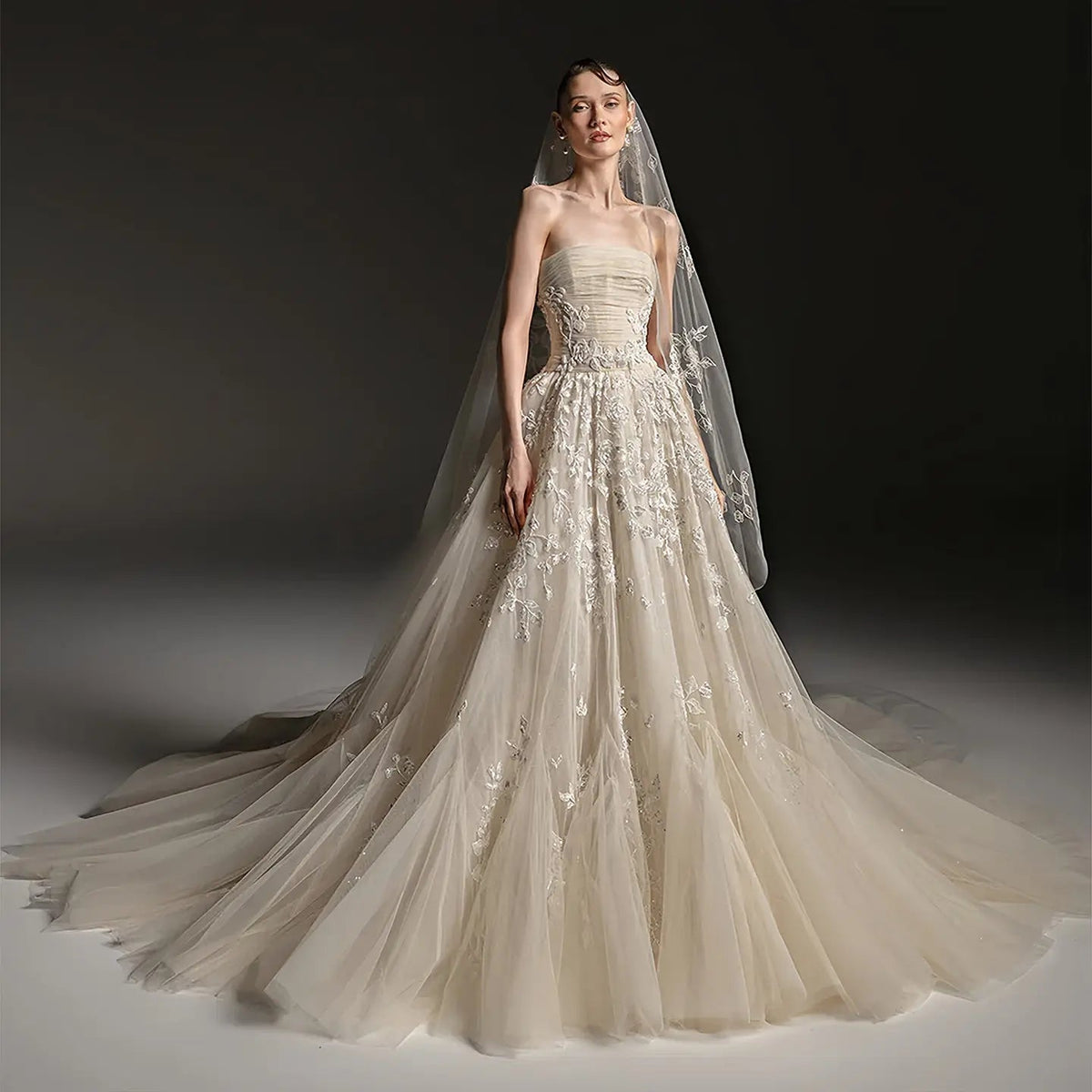 Romantic Champagne Strapless Floral Lace Tulle A-Line Wedding Dress with Veil ZP084 - VelvetHem