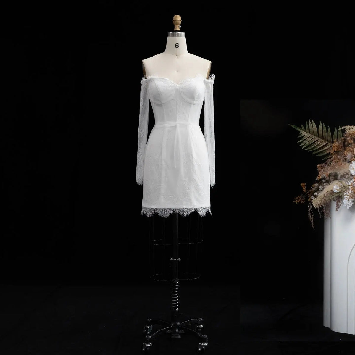 Luxury Ivory Off-the-Shoulder Long Sleeve Lace Mini Wedding Dress ZP134