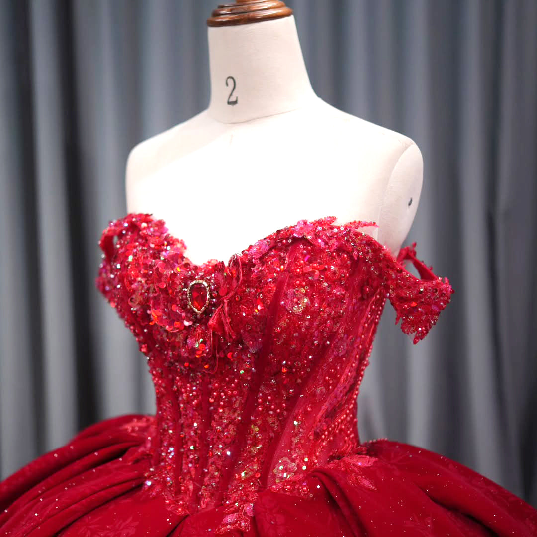 Gorgeous Ball Gown Off the Shoulder Red Quinceanera Dress with Appliques Beading - View 4 | VelvetHem