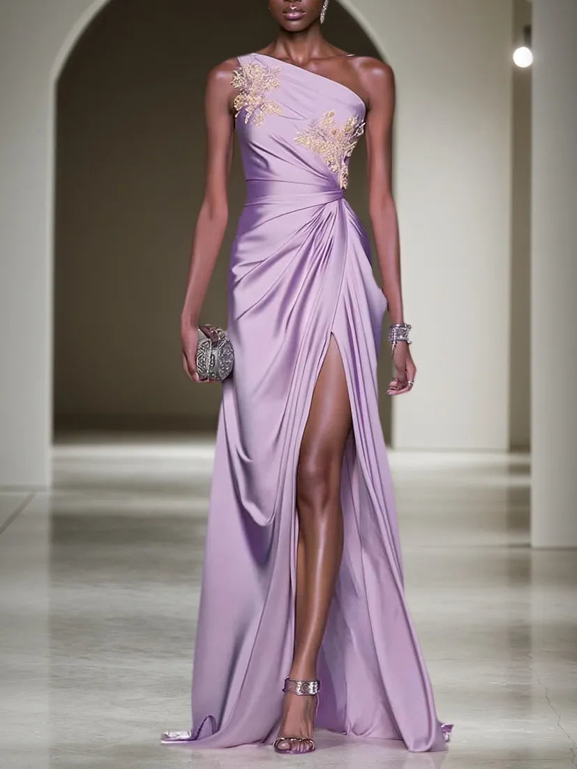 Purple Applique Ruched Classic One Shoulder Sleeveless A-Line Gown Dress - VelvetHem