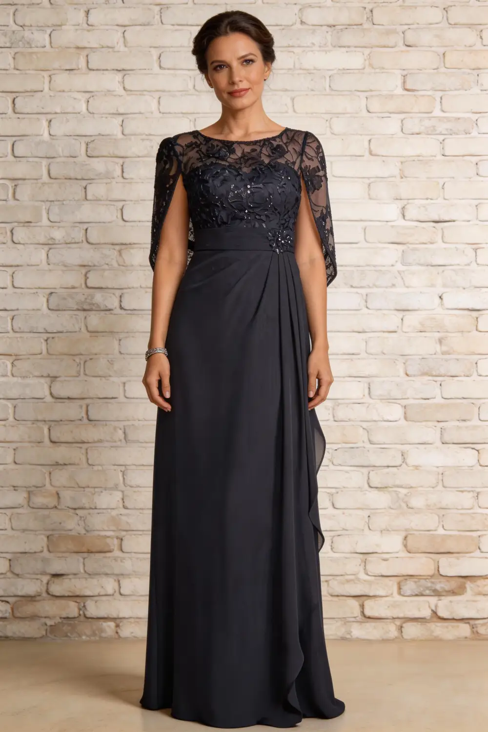 Dark Navy Lace Cape Sleeve Chiffon A Line Mother Of The Bride Formal Gown (ZD17162) - VelvetHem