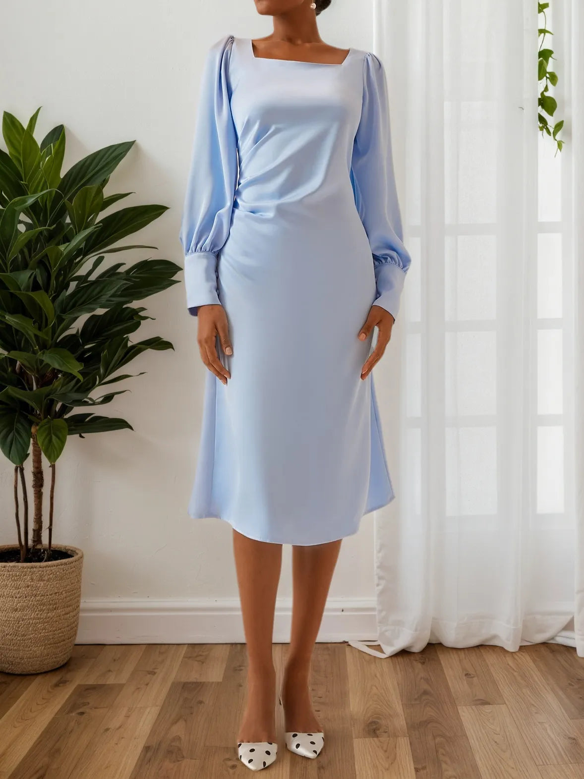 Blue Square Neck Long Sleeve A-Line Midi Dress - VelvetHem