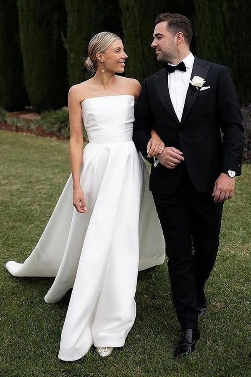 Simple A Line Strapless White Long Bridal Dress with Train - VelvetHem