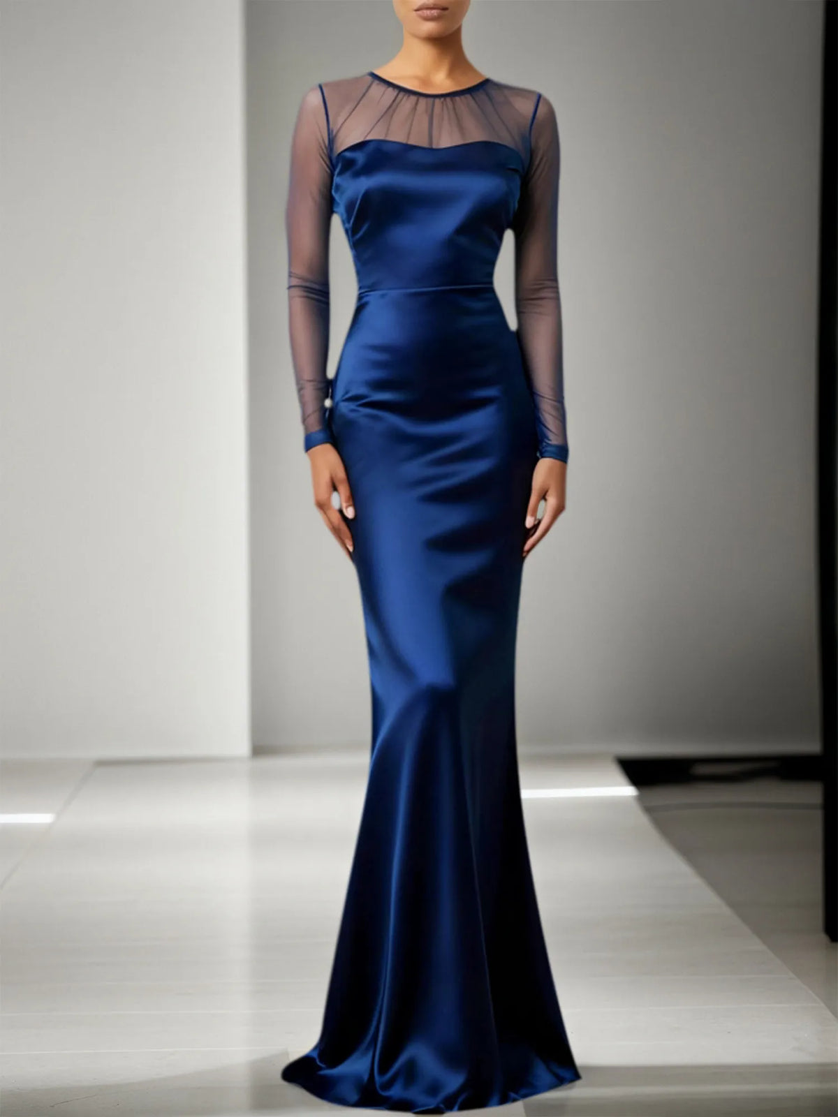 Navy Formal Dress Mermaid Sheer Sleeve Satin Maxi Dress - VelvetHem