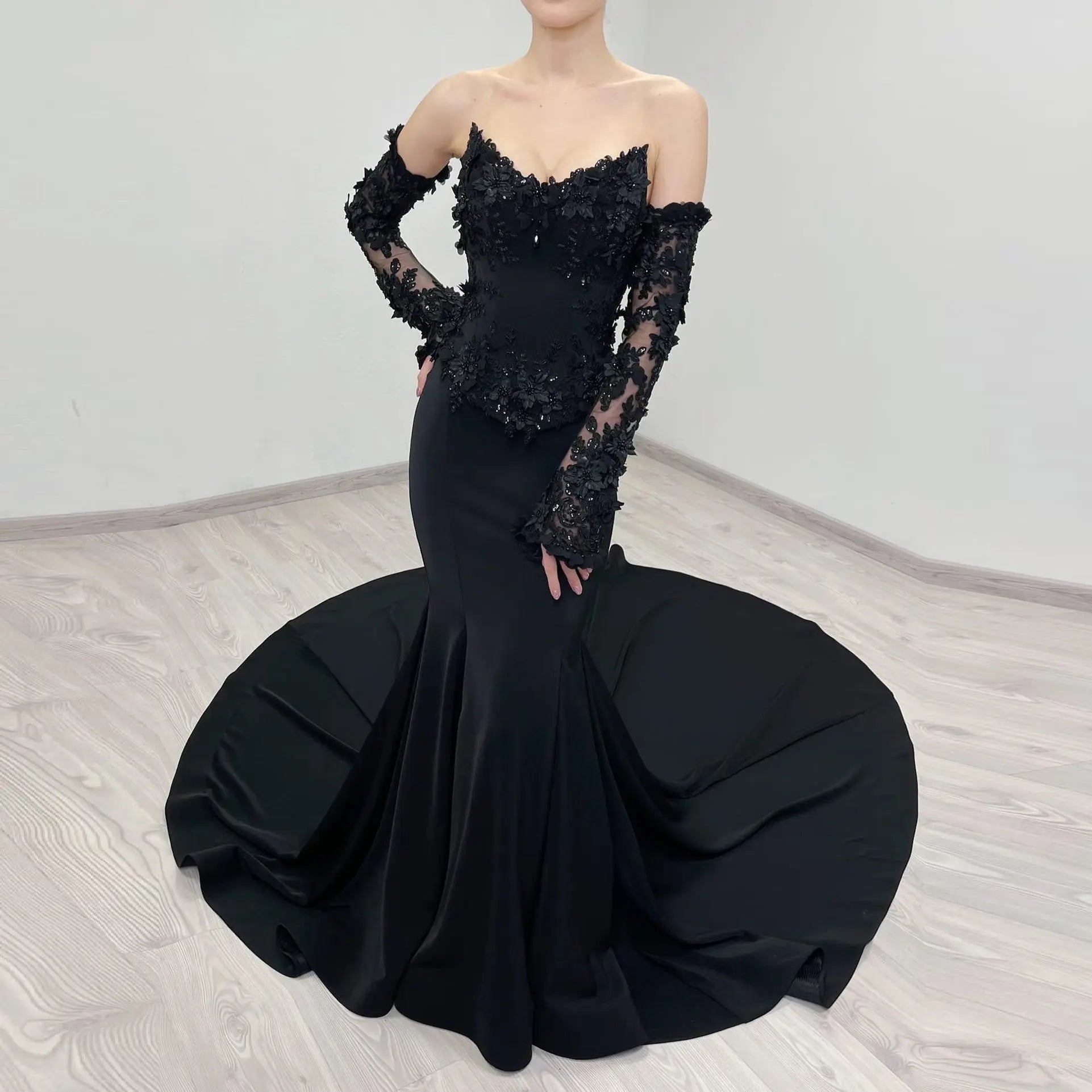 Black Luxury Gothic Wedding Dress Mermaid 3D Floral Lace ZP195