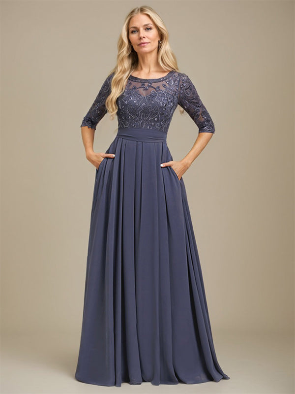 A-Line Scoop Floor-Length Lace Chiffon Mother Of the Bride Dress With Sequins Applique - VelvetHem