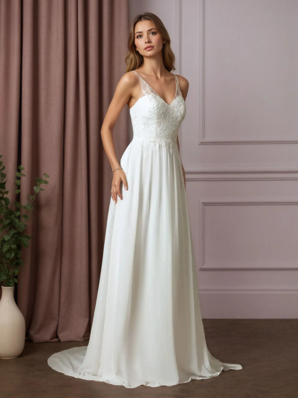 White A-Line Sequins Chiffon Wedding Dress - VelvetHem