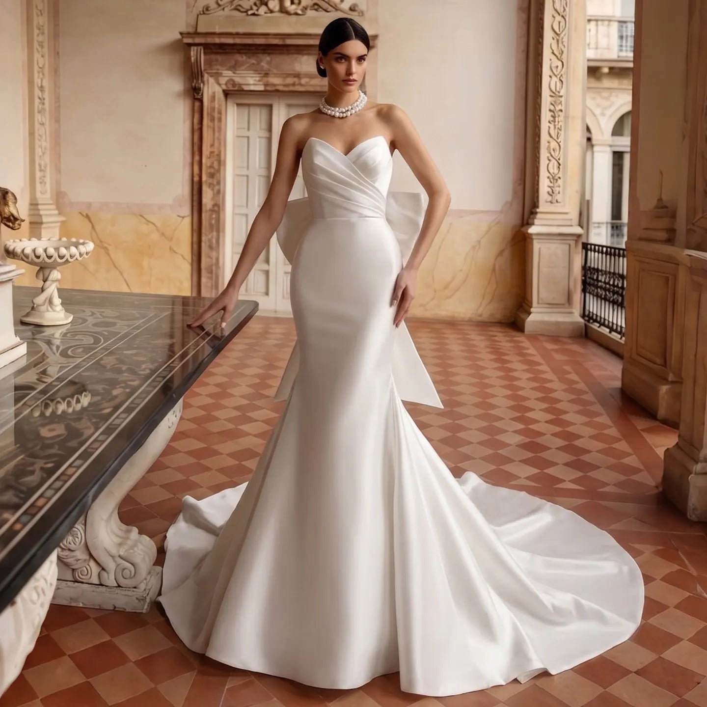 Glamorous Lvory Satin Wedding Dress with Buttons & Train ZP053