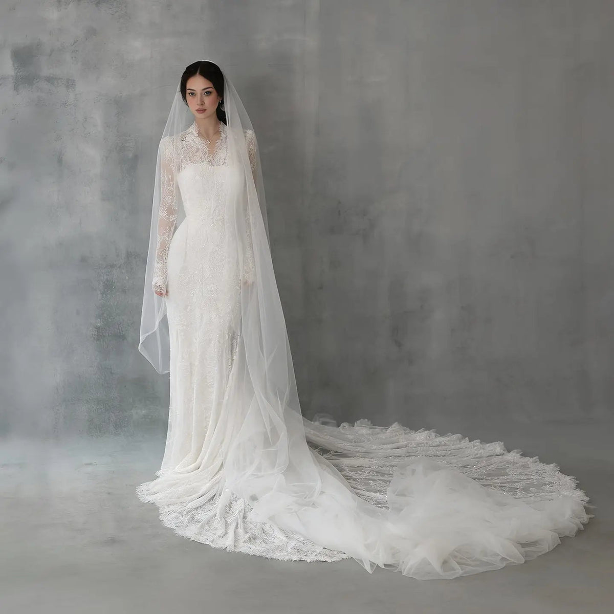 Elegant Ivory Lace High Neck Long Sleeve Train Mermaid Wedding Dress with Veil ZP108 - VelvetHem