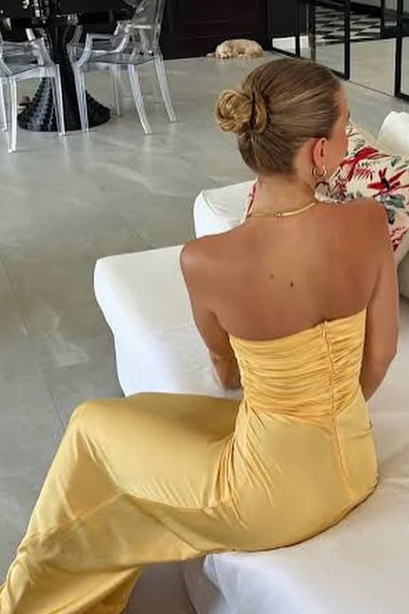 Trendy Sheath Strapless Yellow Long Party Dress with Keyhole