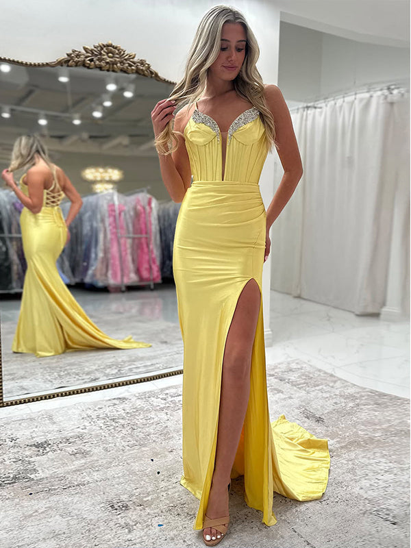 Yellow Mermaid Spaghetti Straps Lace Up Beaded Long Prom Dress with Slit - VelvetHem