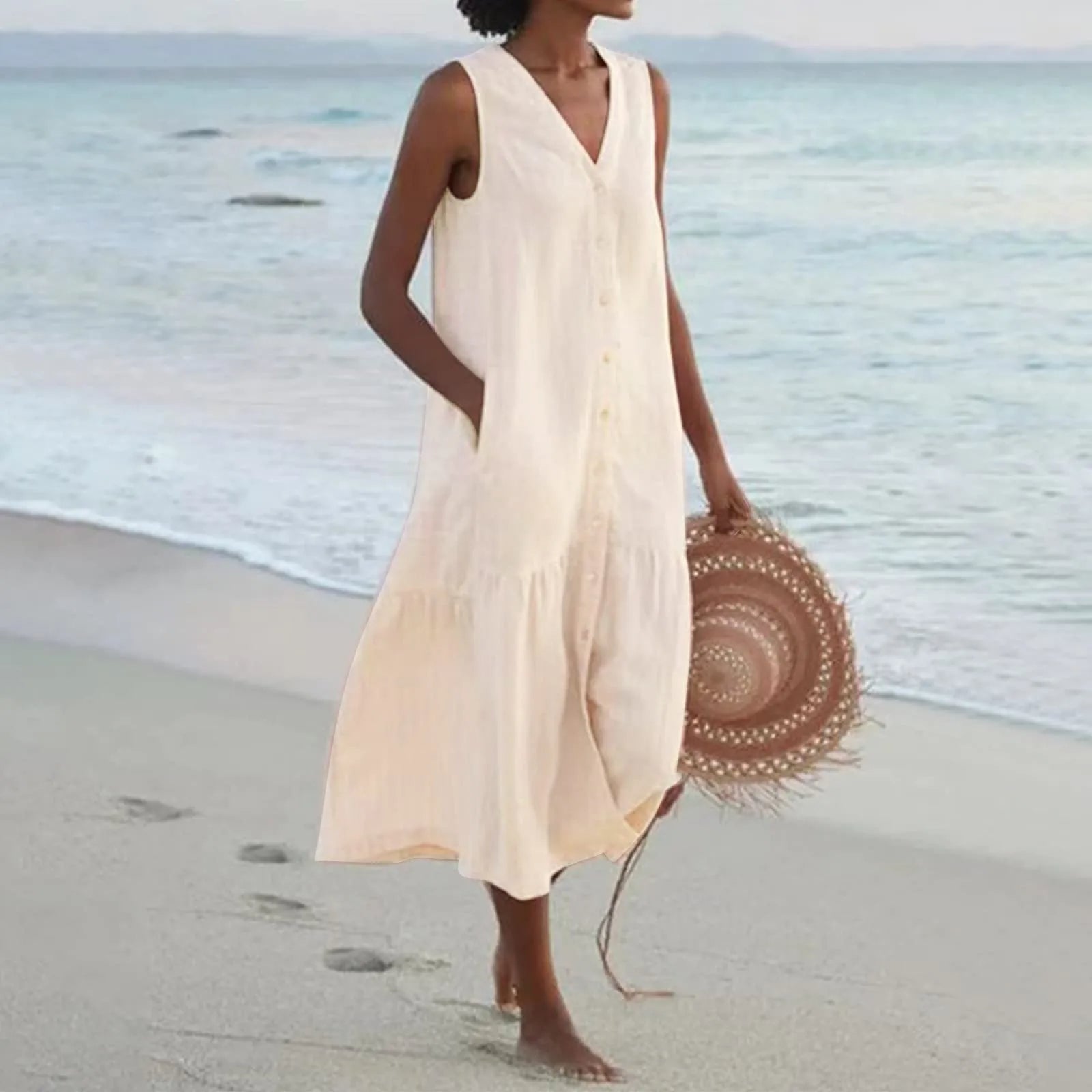 Emilia Exclusive Linen Dress with V Neck Designer Edit