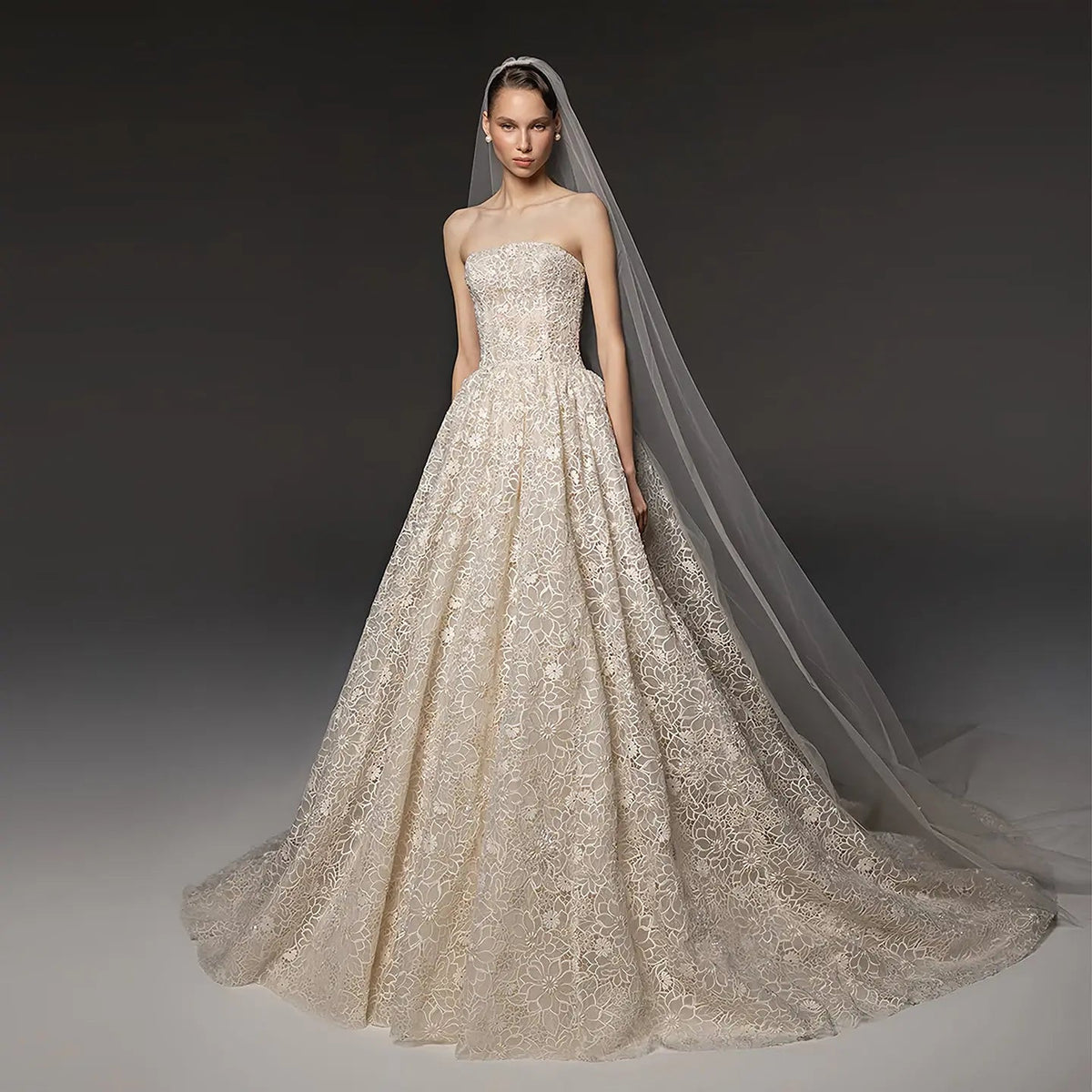Regal Champagne Strapless Allover Lace Ball Gown Wedding Dress with Veil ZP081 - VelvetHem