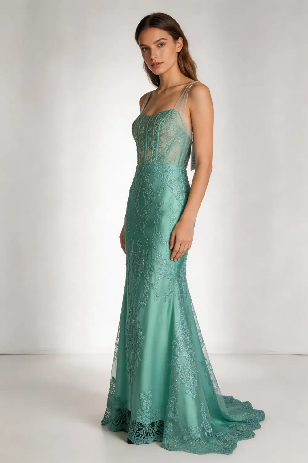 Mint Green Lace Applique Mermaid Evening Gown With Sheer Corset Bodice (ZD17139) - VelvetHem