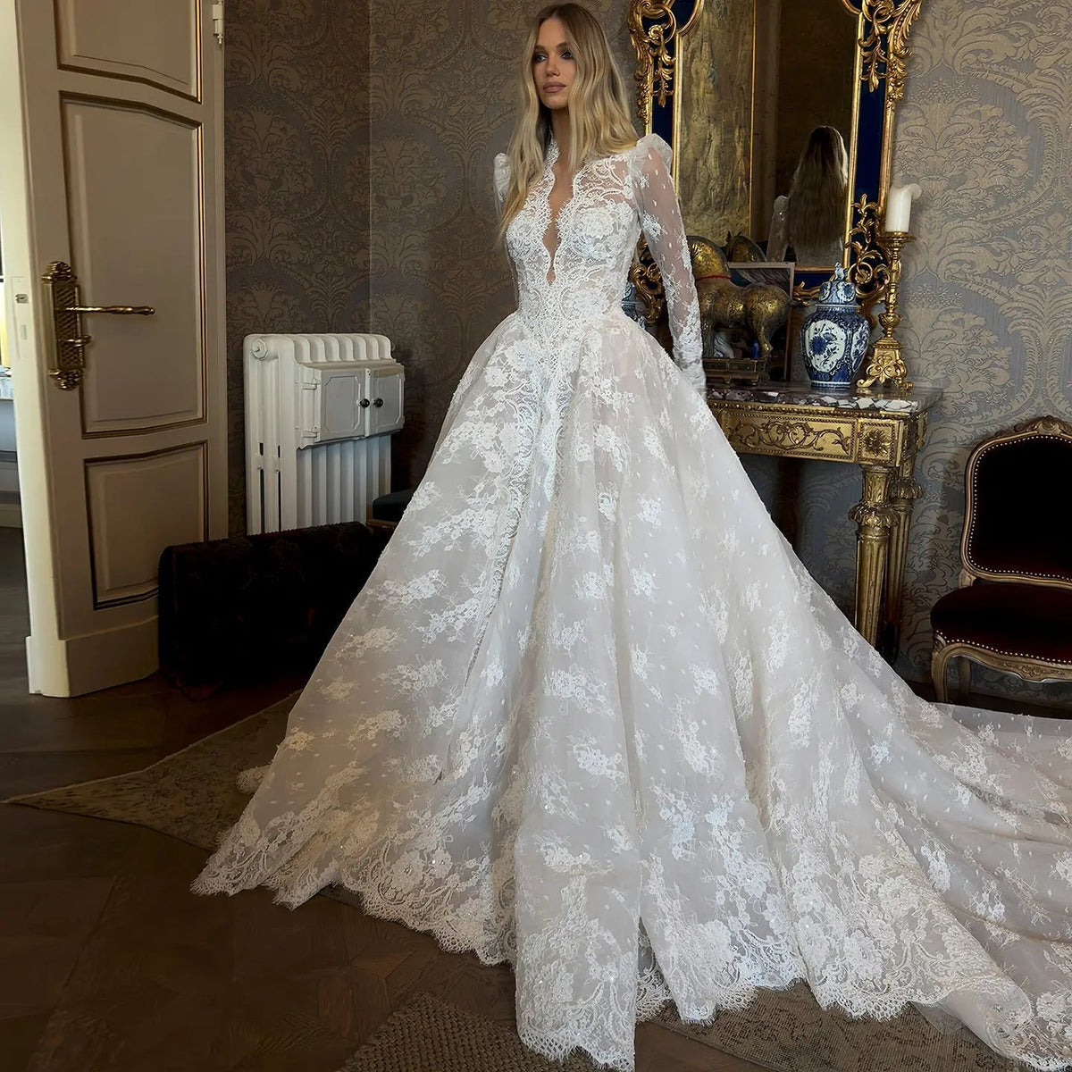 Luxury White High Neck Sequin Long Sleeve Lace A-Line Wedding Dress ZP094 - VelvetHem