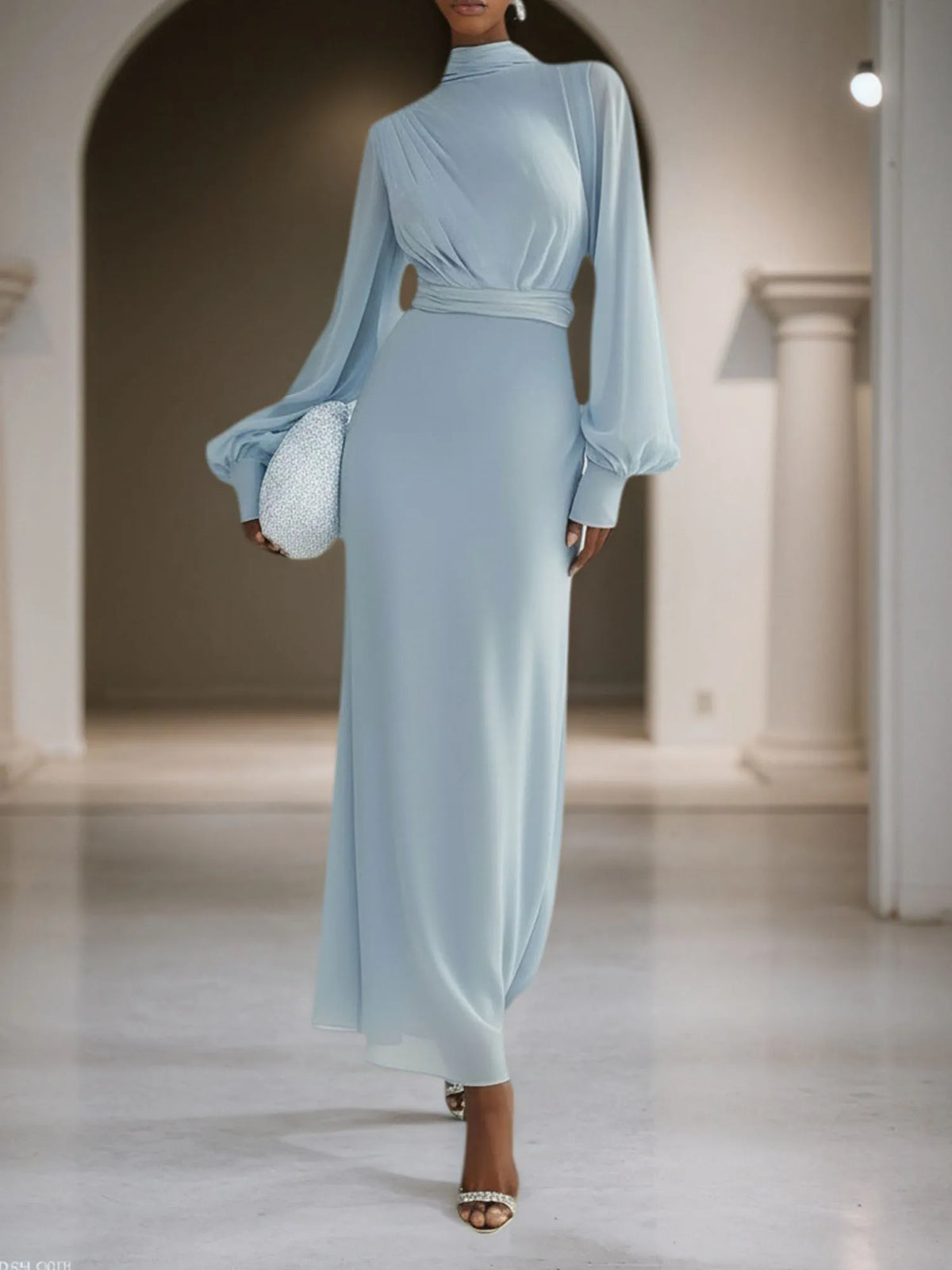 Light Blue Chiffon Mock Neck Long Sleeve Balloon Sleeve A-Line Maxi Dress - VelvetHem