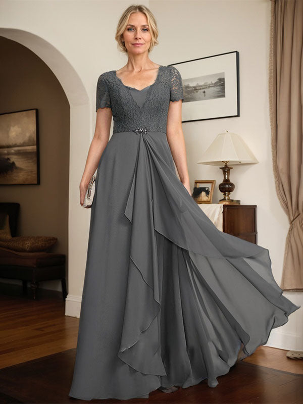 A-line Sweetheart Floor-Length Chiffon Lace Mother of the Bride Dress With Beading Cascading Ruffles - VelvetHem