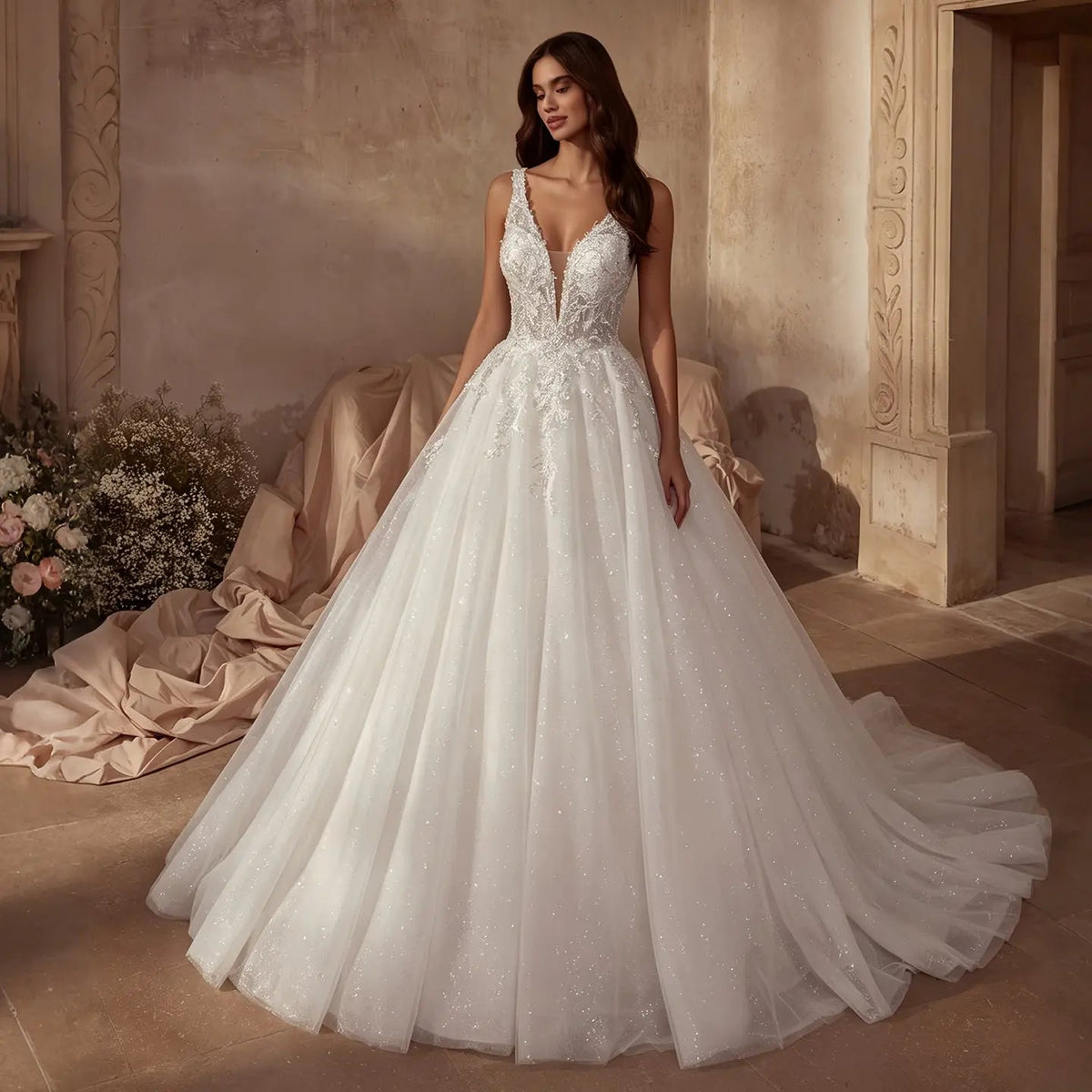 Dreamy White Glitter Tulle Wedding Dress with Lace Bodice and Corset Back ZP054 - VelvetHem