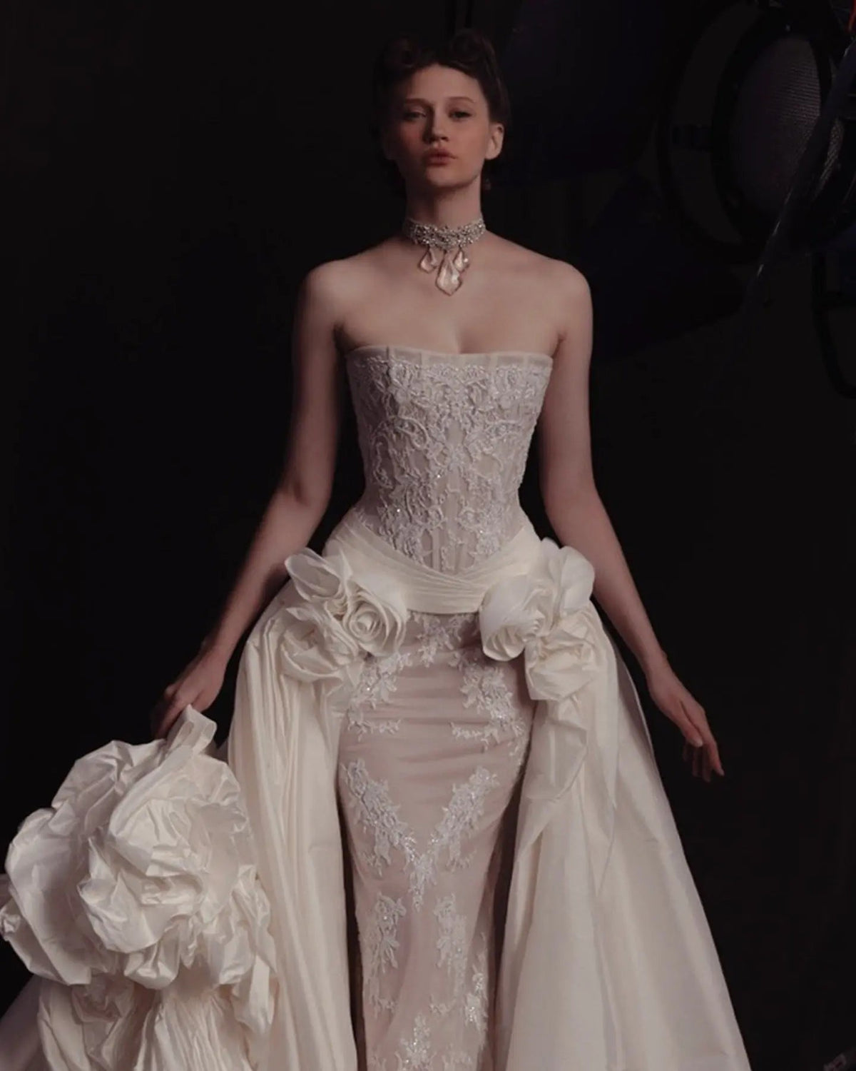Luxury Ivory Strapless Lace 3D Floral Wedding Dress with Overskirt ZP148 - VelvetHem