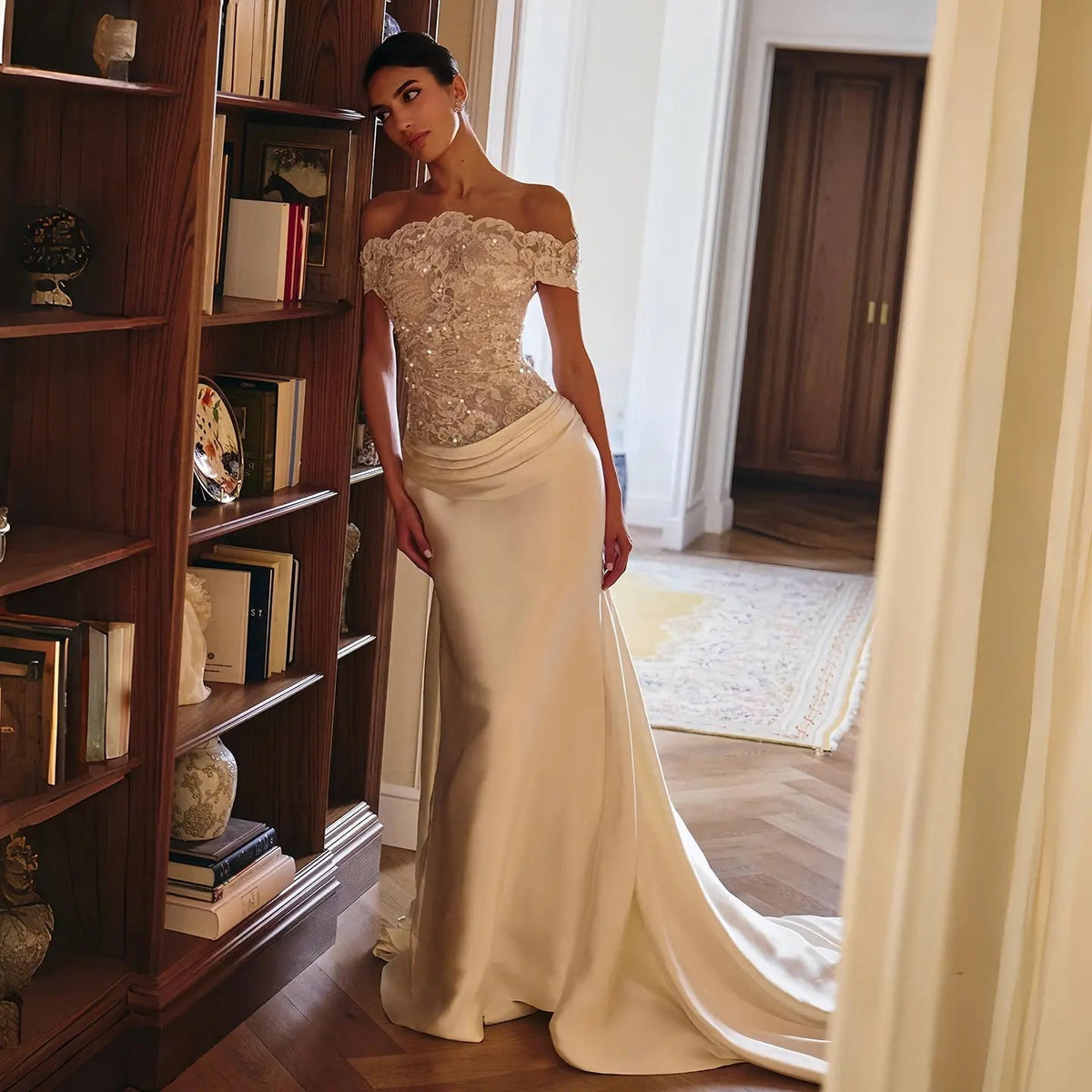 Luxury Ivory Off-the-Shoulder Lace and Satin Mermaid Wedding Dress with Veil ZP073 - VelvetHem