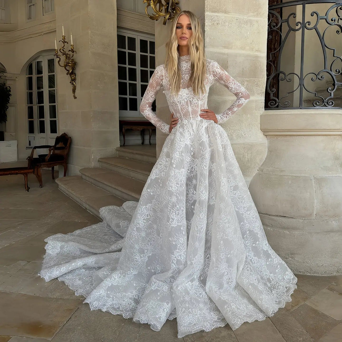 Elegant White High Neck Long Sleeve Lace A-Line Wedding Dress ZP077 - VelvetHem