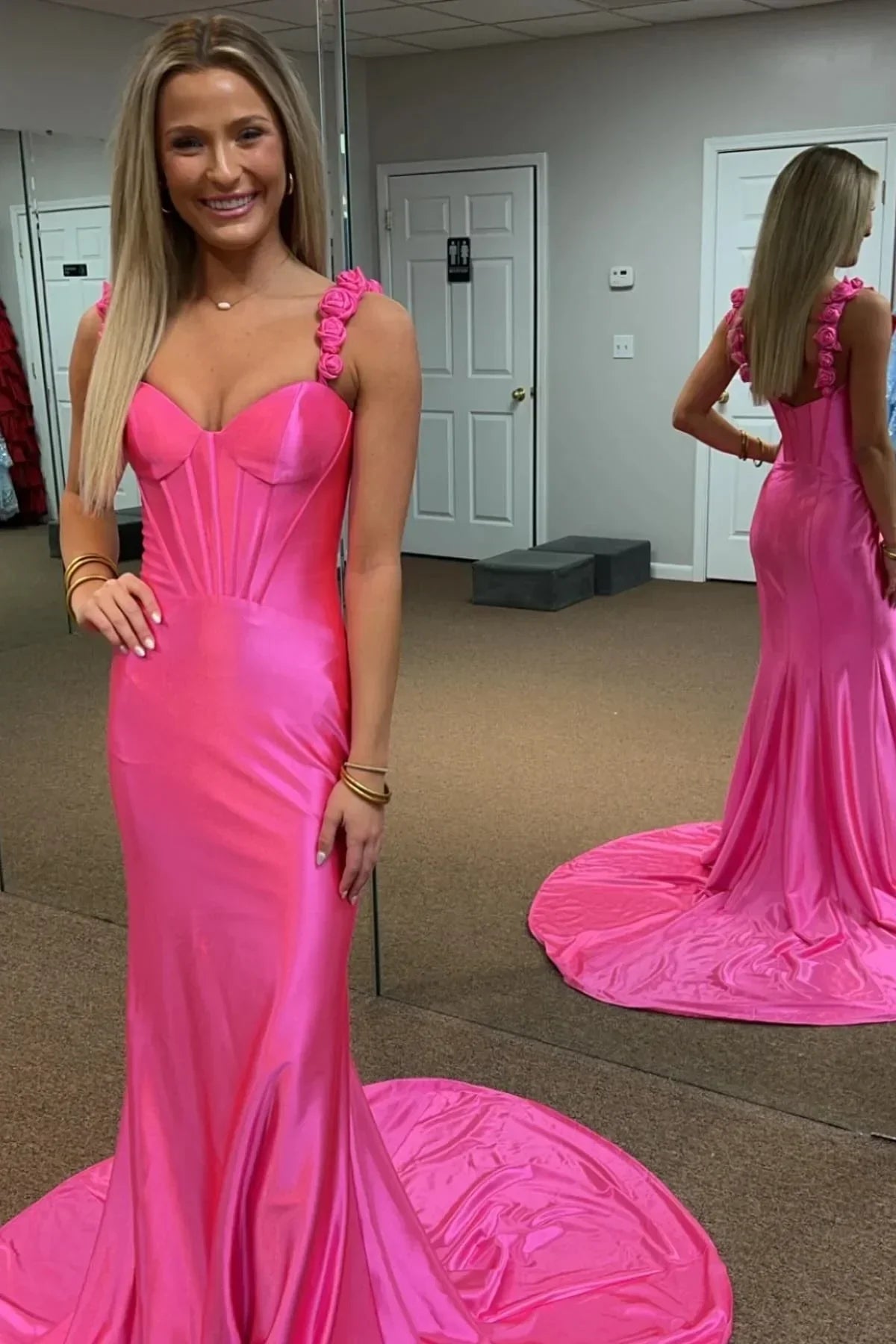 Red Mermaid Straps Keyhole Back Long Satin Prom Dress With Slit