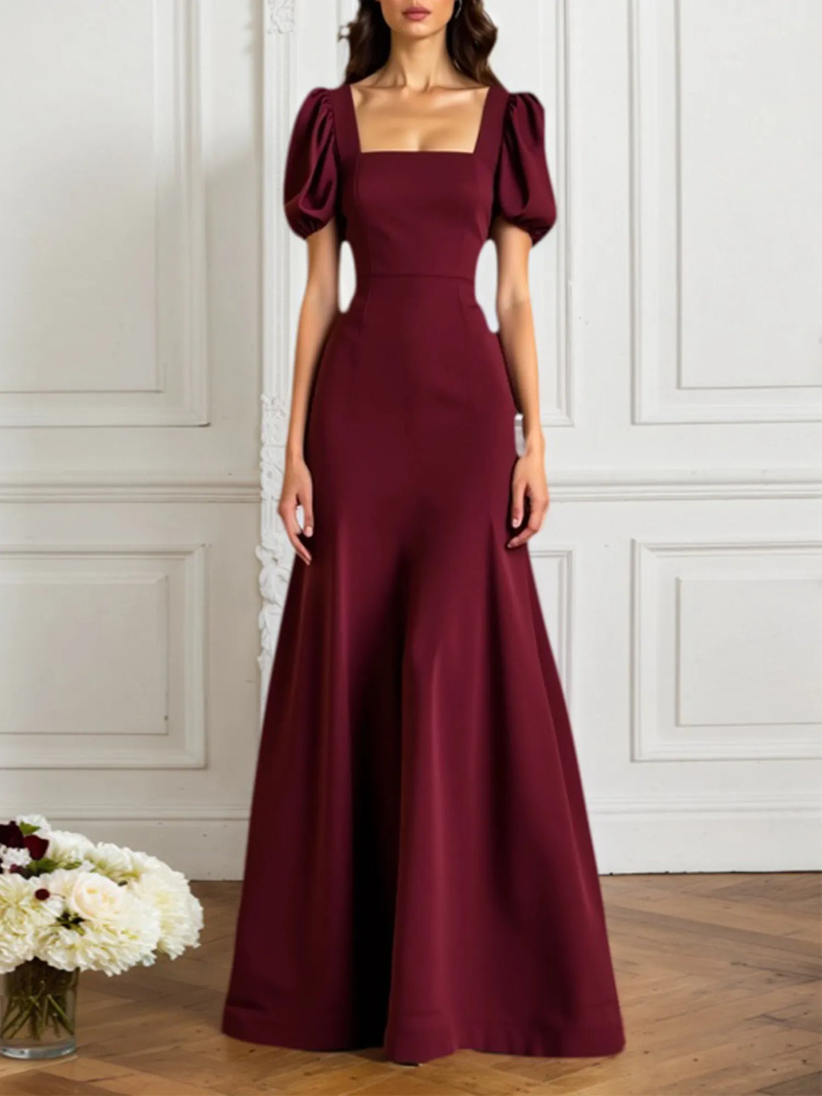 Evening Formal Dress Burgundy Square Neck Maxi Dress - VelvetHem