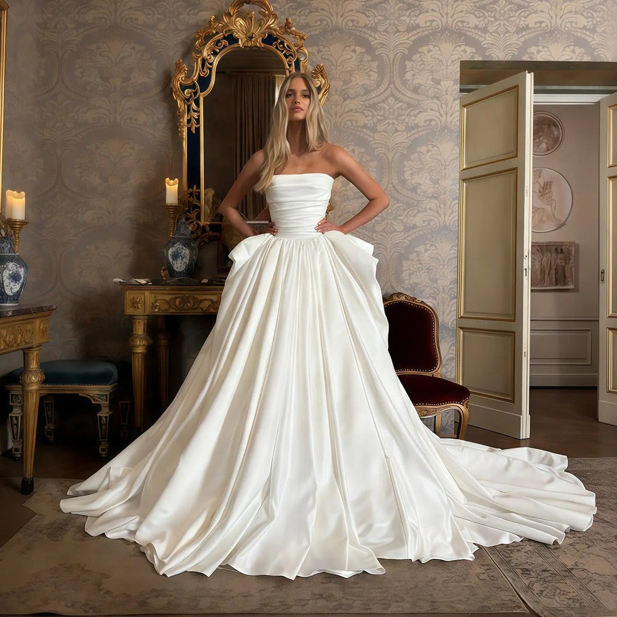 Luxury White Strapless Ruched Satin Ball Gown Wedding Dress ZP099 - VelvetHem