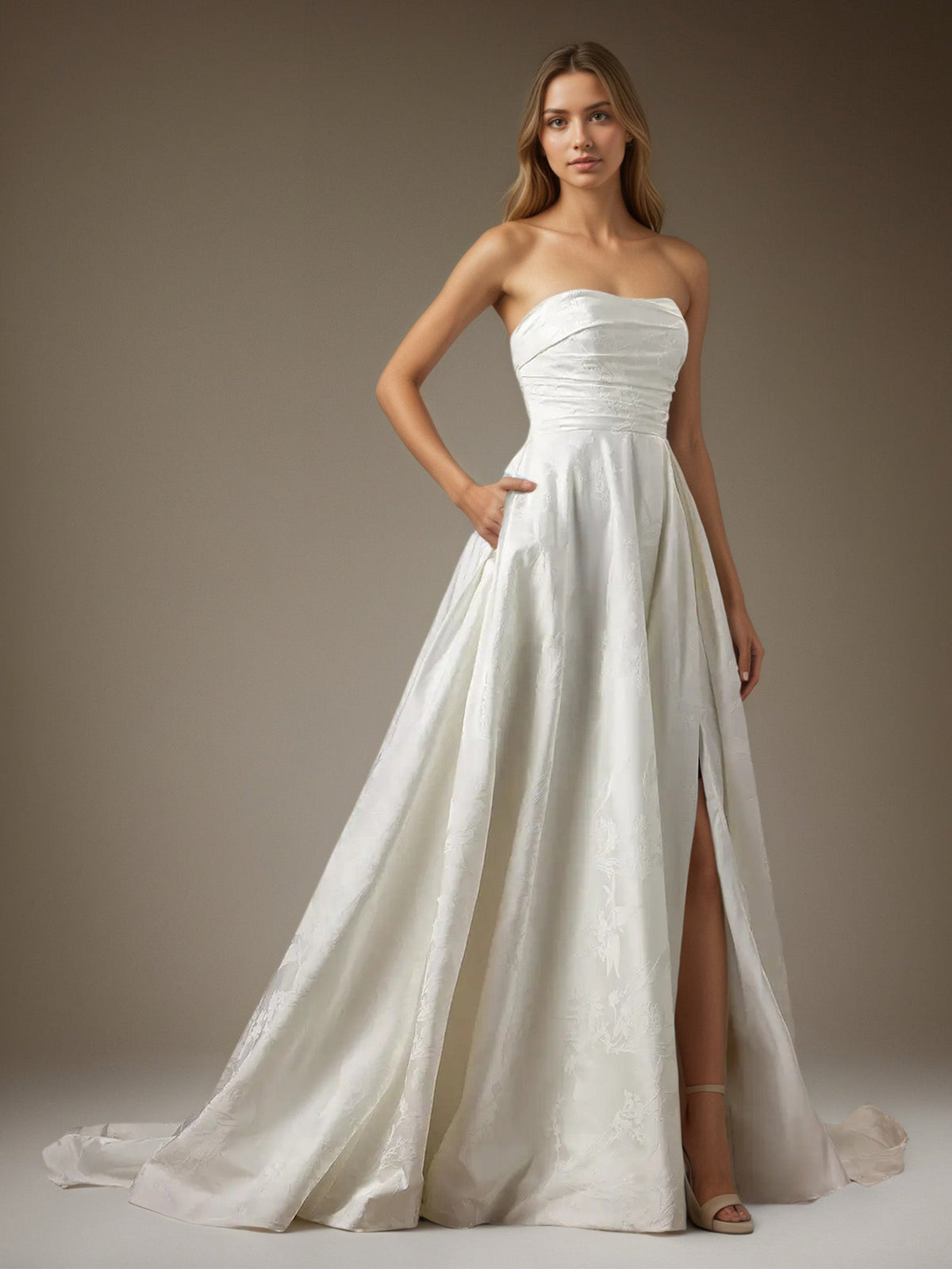 White A-Line Strapless Floral Jacquard Wedding Dress - VelvetHem
