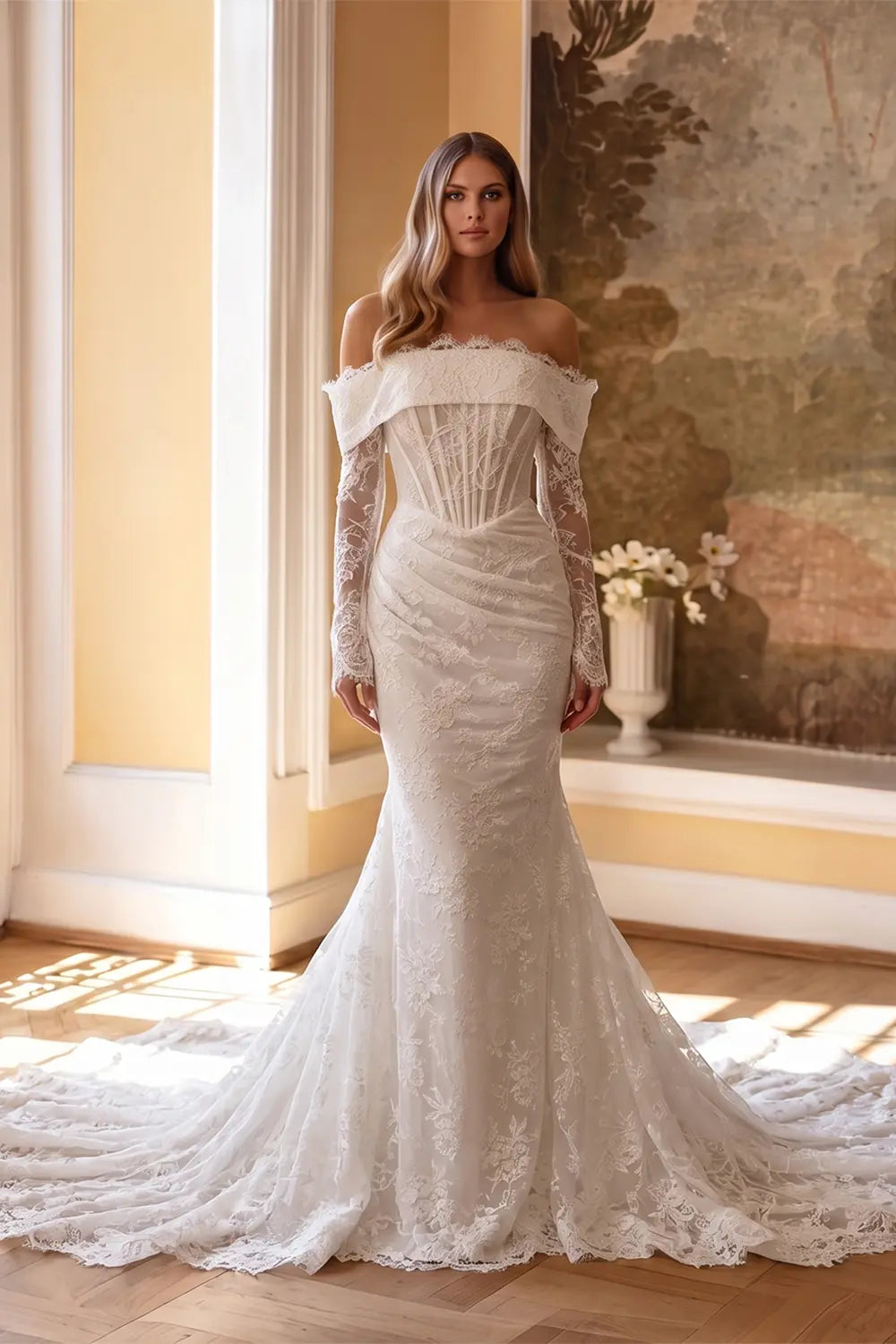 White Long Sleeve Corset Mermaid Bridal Gown with Cathedral Train ZP209
