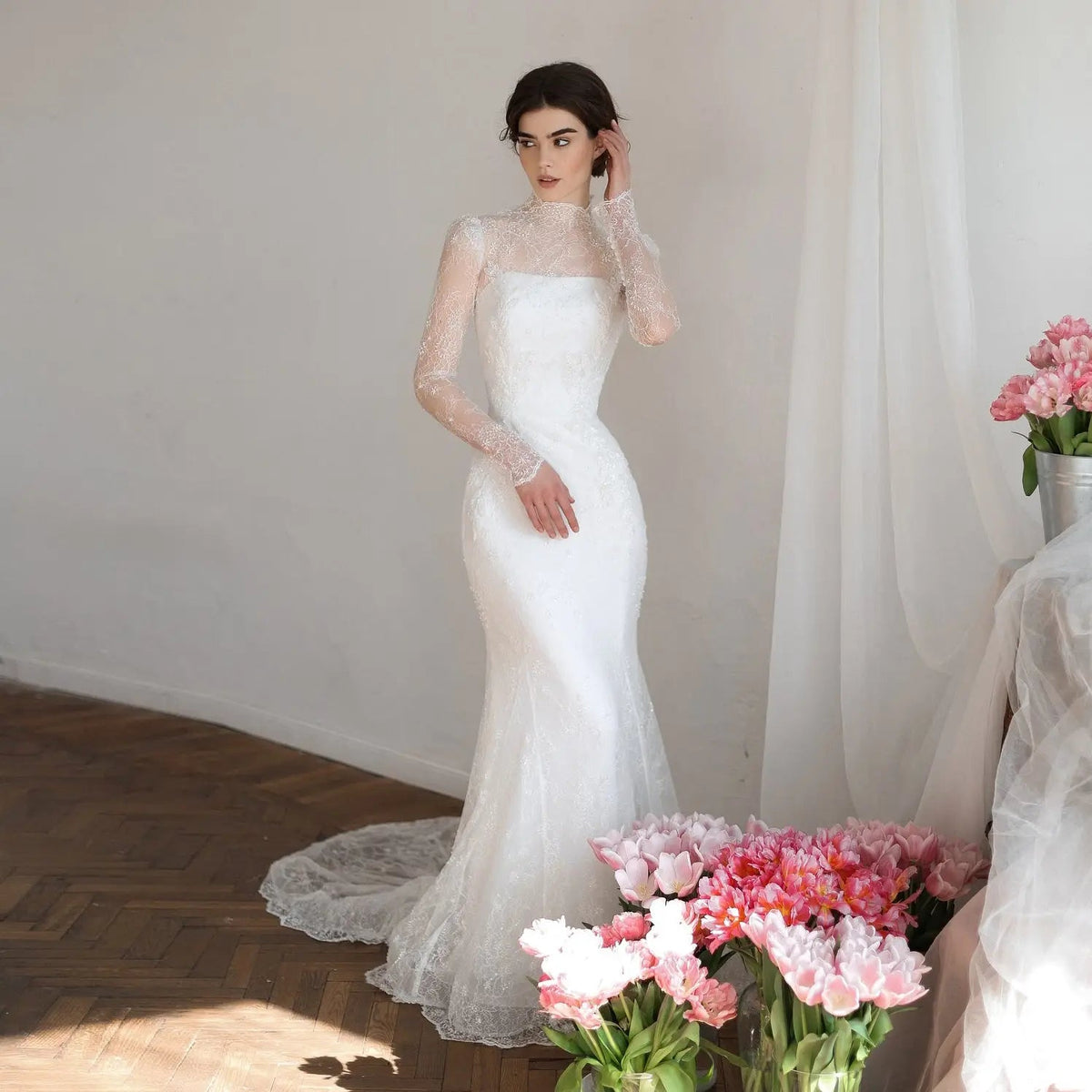 Elegant Printed Crystal Sheer Lace Mermaid Wedding Dress ZP169 - VelvetHem
