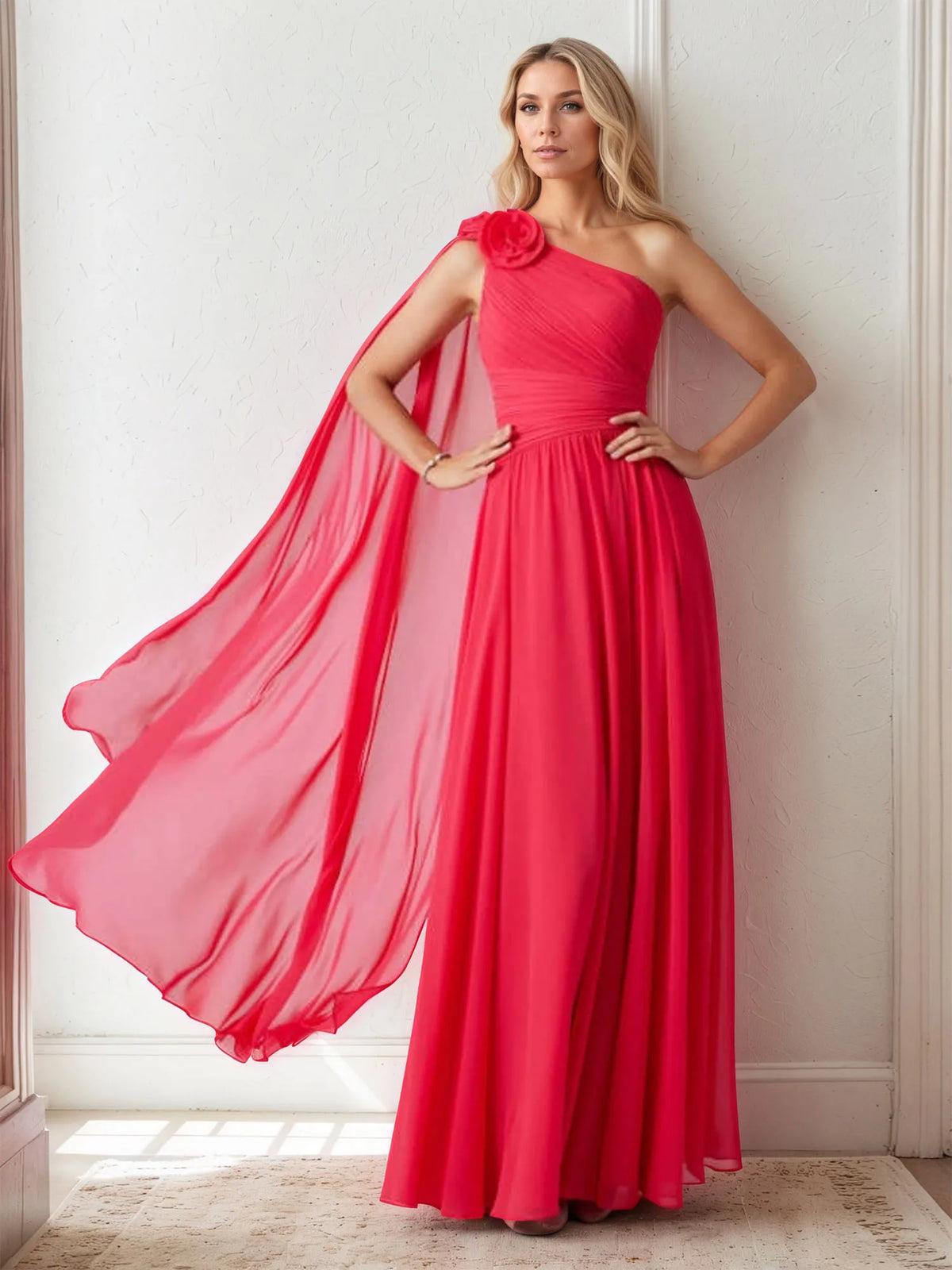 Chiffon One Shoulder 3D Floral Floor-Length Evening Dress - VelvetHem