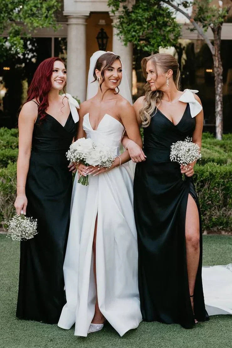 Black V-Neck Mermaid Spaghetti Straps Satin Long Bridesmaid Dress with Bow - VelvetHem