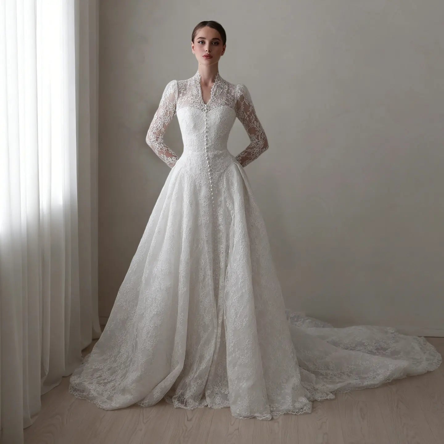 Vintag White Lace High Neck Long Sleeve A-Line Wedding Dress with Train ZP110