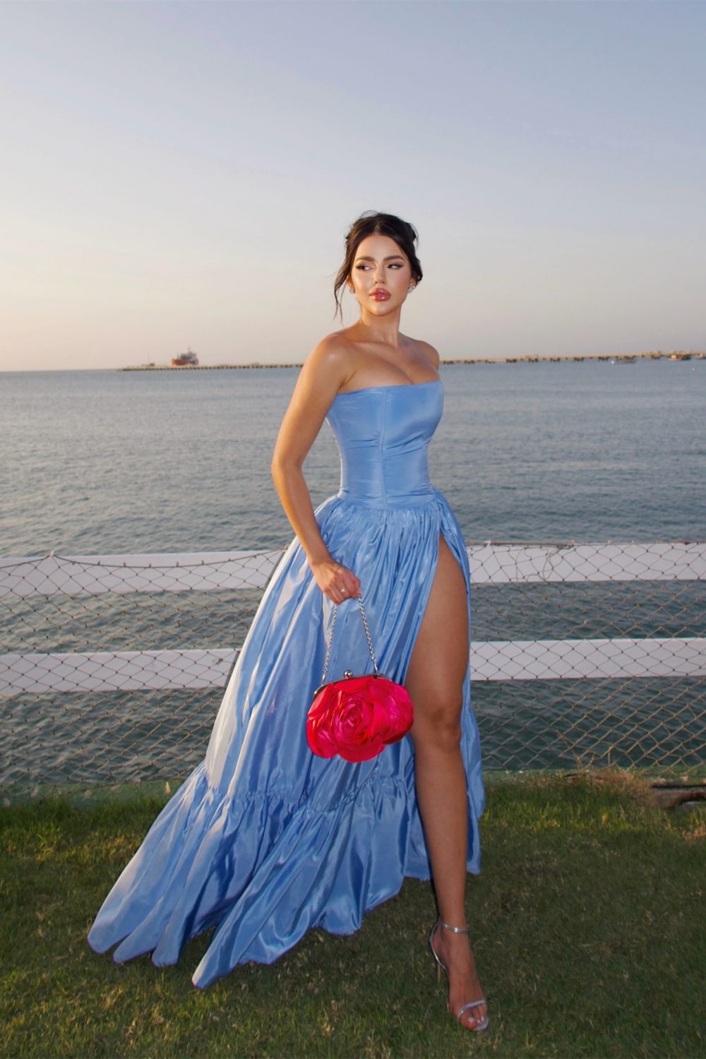 Charming A Line Strapless Blue Satin Long Prom Dress with Split Front - View 4 | VelvetHem