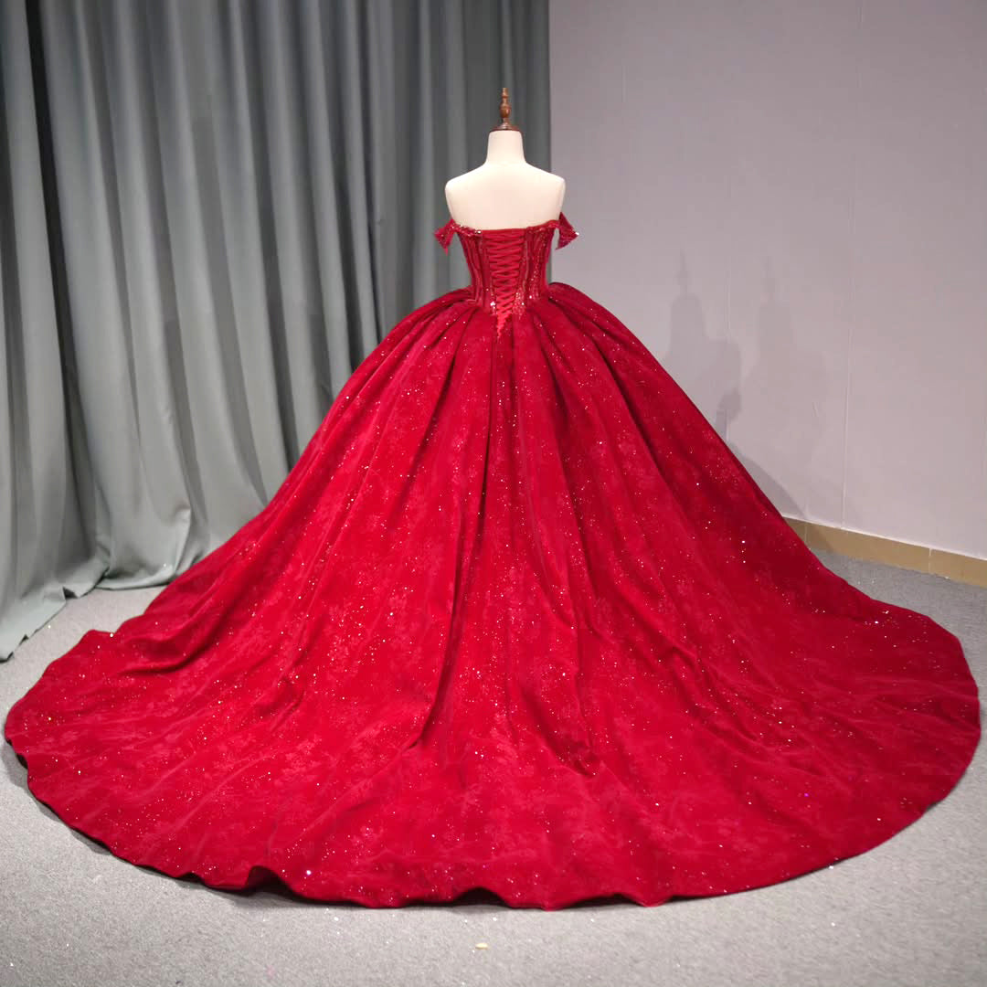 Gorgeous Ball Gown Off the Shoulder Red Quinceanera Dress with Appliques Beading - View 2 | VelvetHem