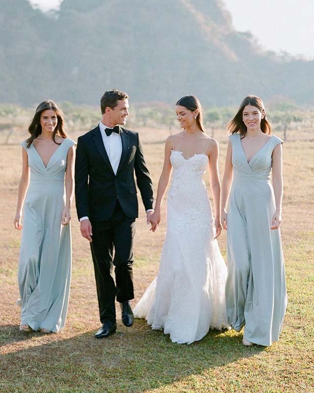 Simple A Line Satin V Neck Blue Sleeveless Long Bridesmaid Dresses - VelvetHem
