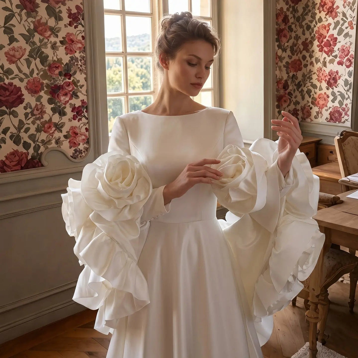 Ivory Romantic A-Line Satin Wedding Dress 3D Rose Floral With Veil ZP033