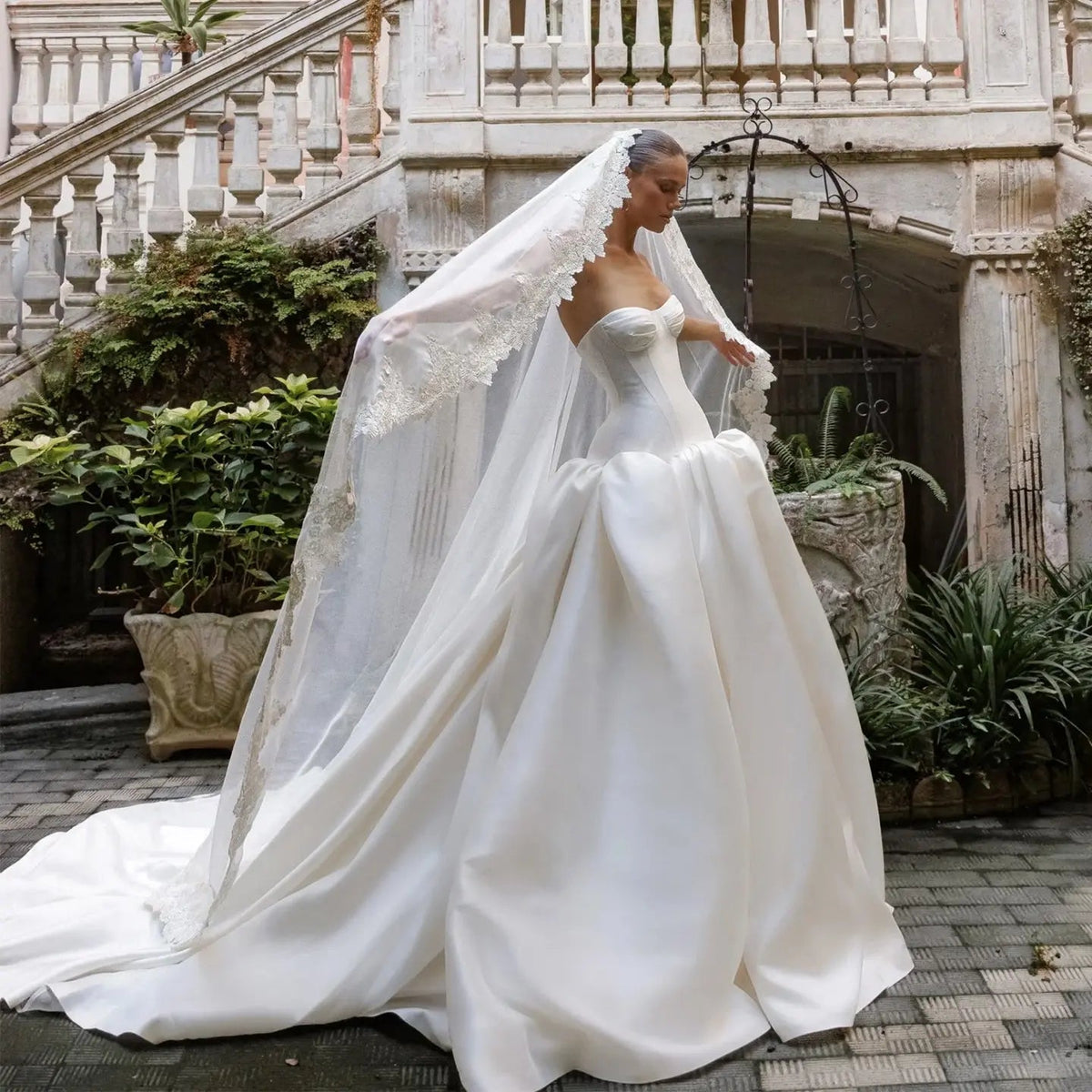 Classic White Satin Strapless Ball Gown Wedding Dress with Veil ZP114 - VelvetHem