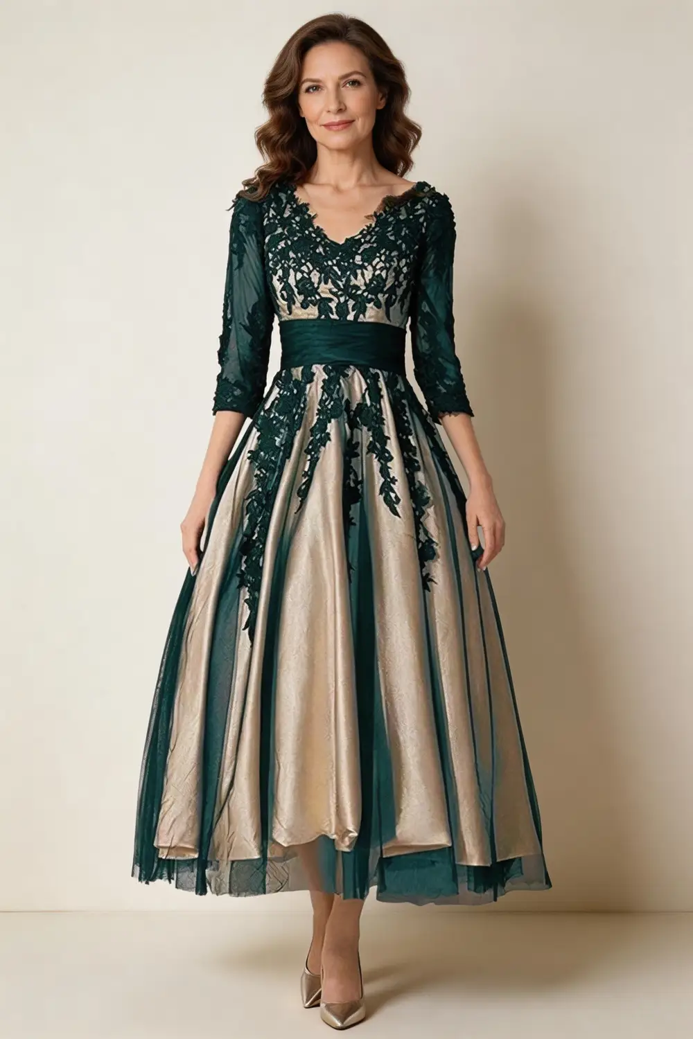 Dark Green Lace Applique Champagne Satin Mother Of The Bride Dress (ZD17159) - VelvetHem
