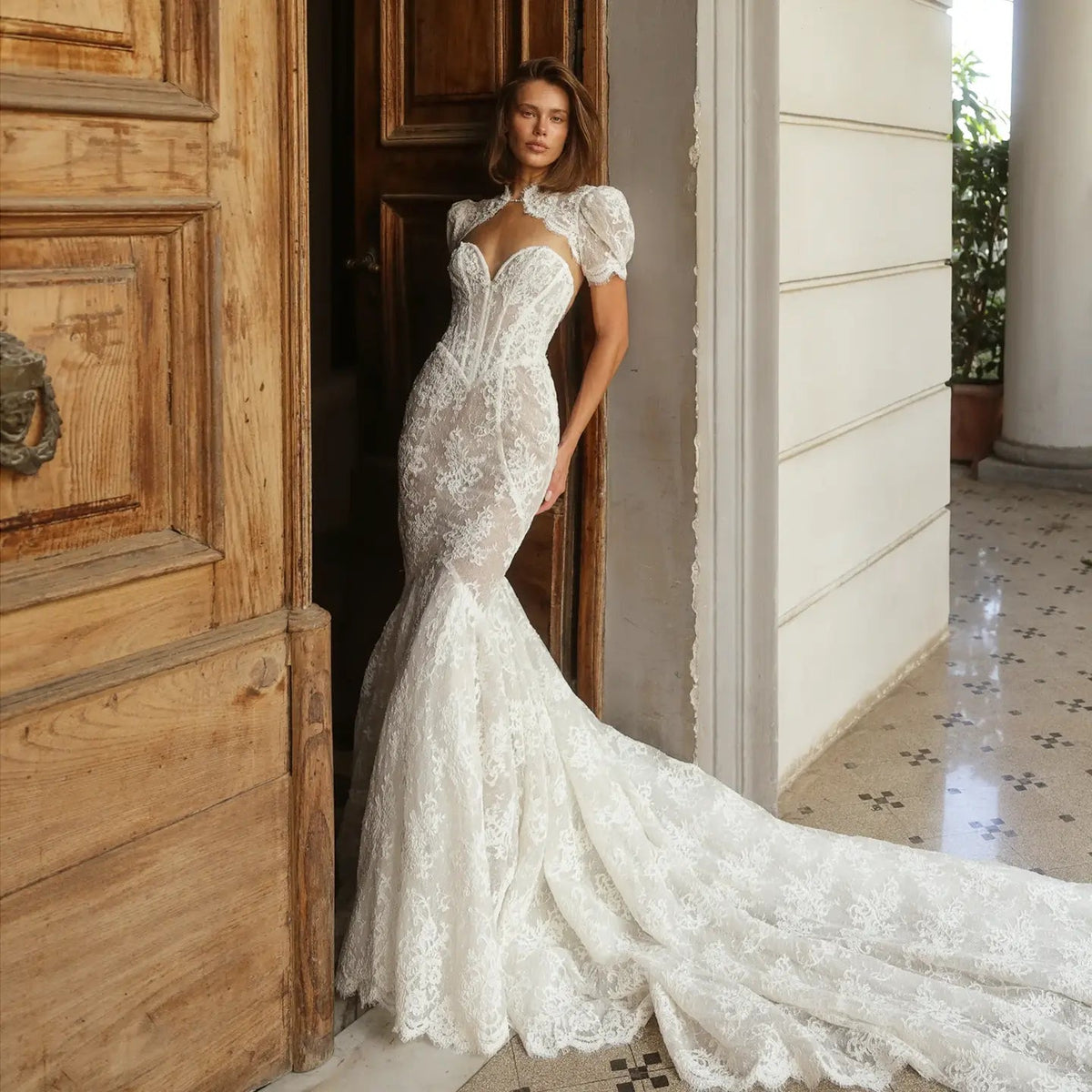Vintage Ivory Lace High Neck Puff Sleeve Backless Mermaid Wedding Dress ZP124 - VelvetHem