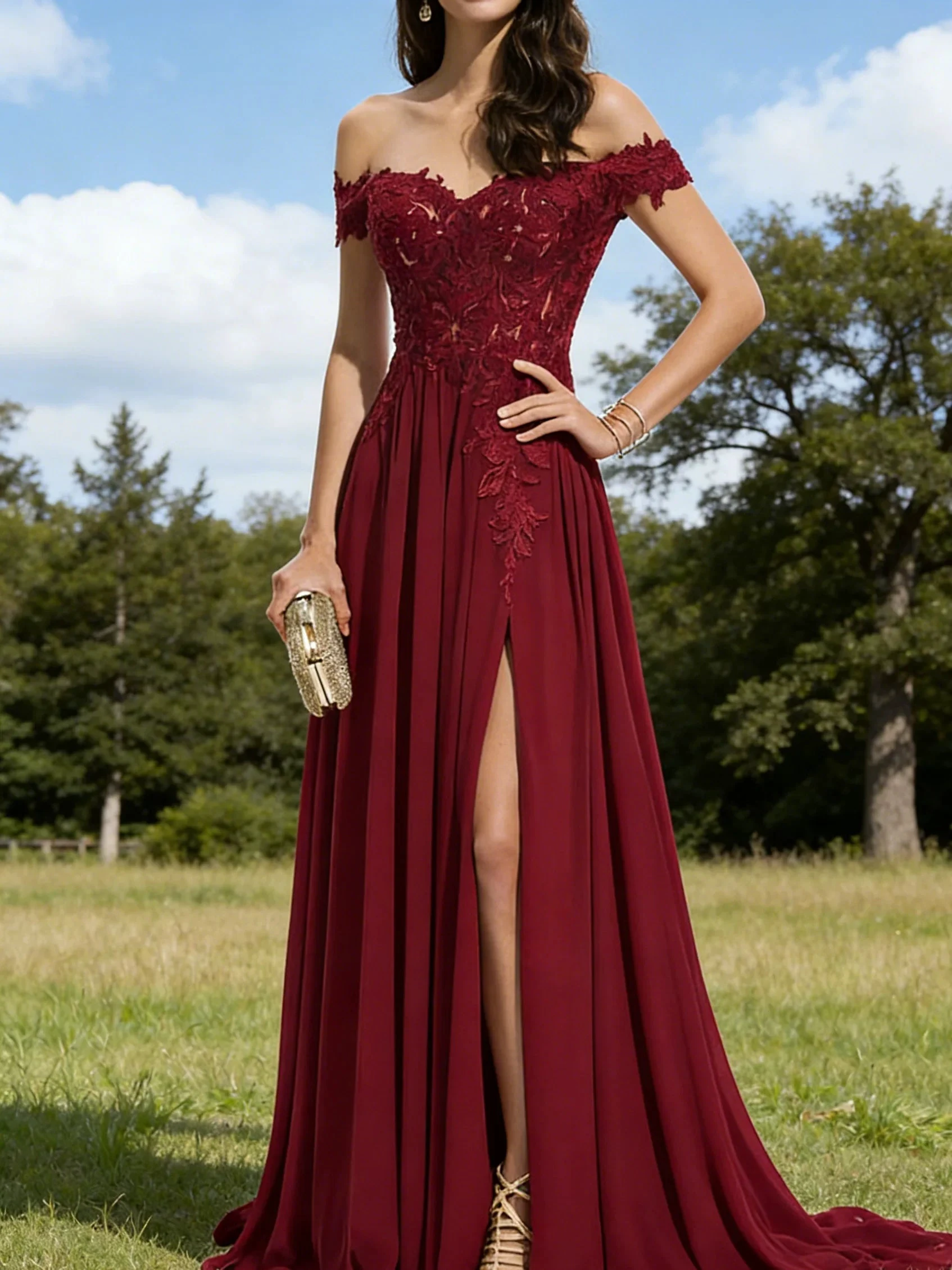 Burgundy Off-the-Shoulder Lace Evening Gown with Train (ZD16782)