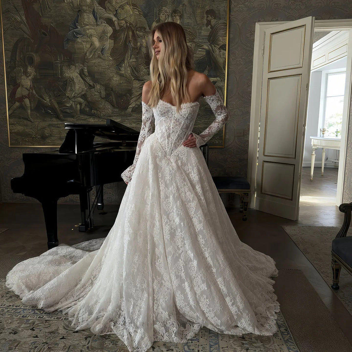 Elegant White Off-the-Shoulder Long Sleeve Lace Corset Wedding Dress ZP096 - VelvetHem