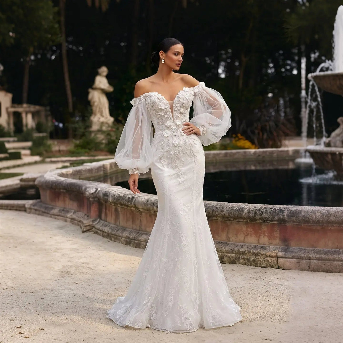 White Off-The-Shoulder Puff Sleeve 3D Floral Mermaid Wedding Dress ZP005 - VelvetHem