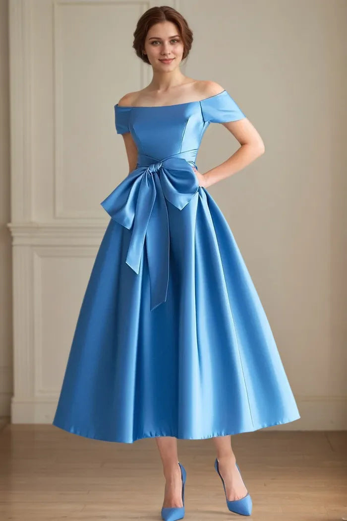 A Line Satin Off the Shoulder Tea Length Mother Of The Bride Dress with Bow - VelvetHem